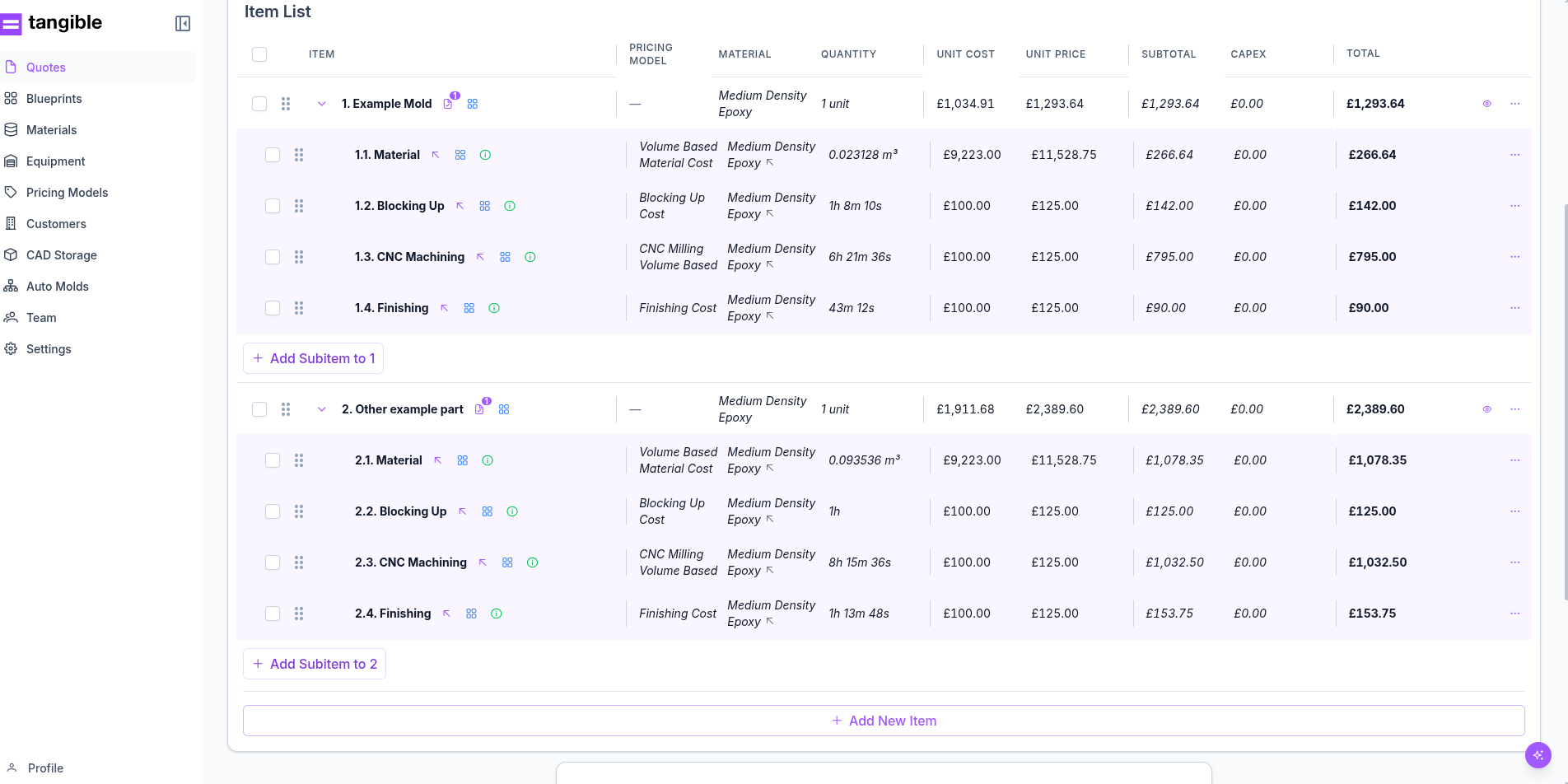 Tangible quote builder interface
